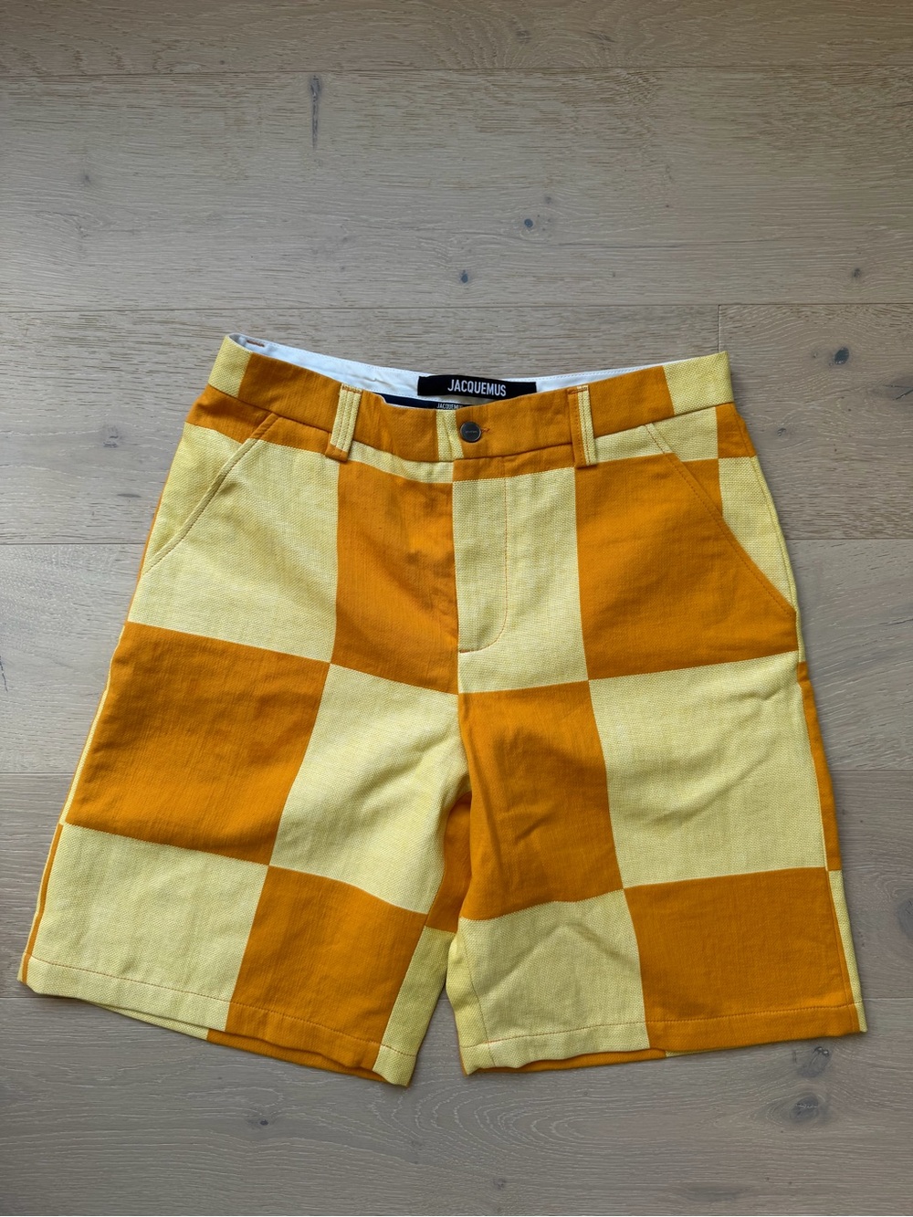 Jacquemus Le Raphia Checkerboard Orange Yellow Shorts Size 50